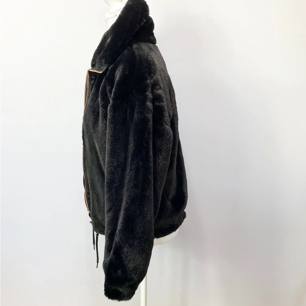 NWOT-Black Silky Faux Fur with Rose Gold Oversized Jacket S - Picture 3 of 12